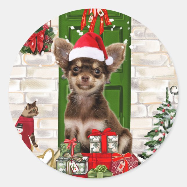 Chihuahua Dog Christmas  Classic Round Sticker (Front)