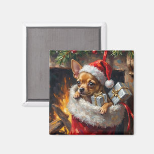 Chihuahua Dog Christmas Stocking Surprise Art Magnet