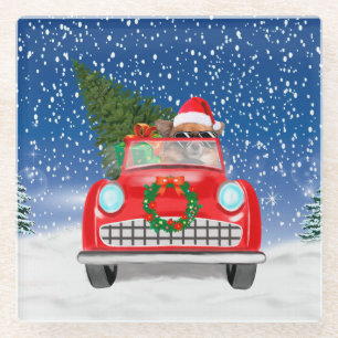  Chihuahua Dog Driving Car In Snow Christmas  Glass Coaster