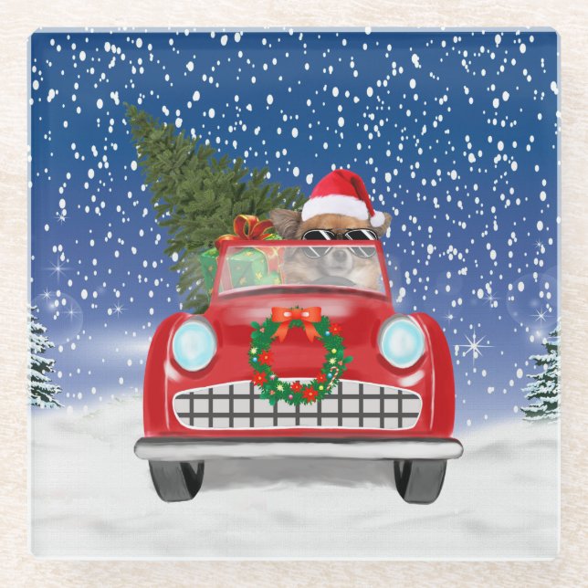  Chihuahua Dog Driving Car In Snow Christmas  Glass Coaster (Front)