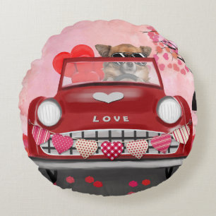 Chihuahua Dog Driving Car with Hearts Valentine's  Round Cushion
