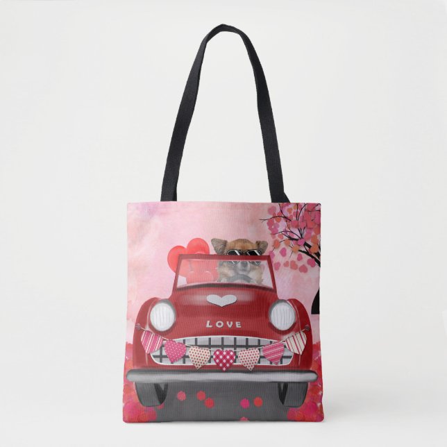 Chihuahua Dog Driving Car with Hearts Valentine's  Tote Bag (Front)