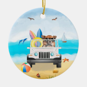 chihuahua Dog Driving on Beach  Ceramic Tree Decoration