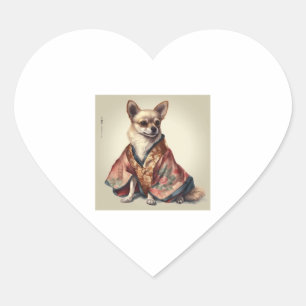 Chihuahua Dog In Japanese Kimono Robe Illustration Heart Sticker