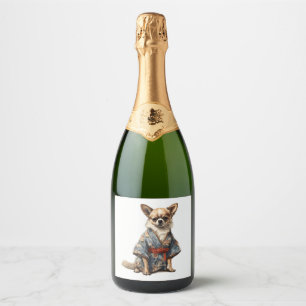 Chihuahua Dog In Japanese Kimono Robe Illustration Sparkling Wine Label