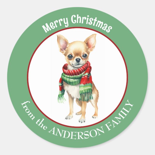 Chihuahua Dog in Red and Green Christmas Scarf Classic Round Sticker (Front)