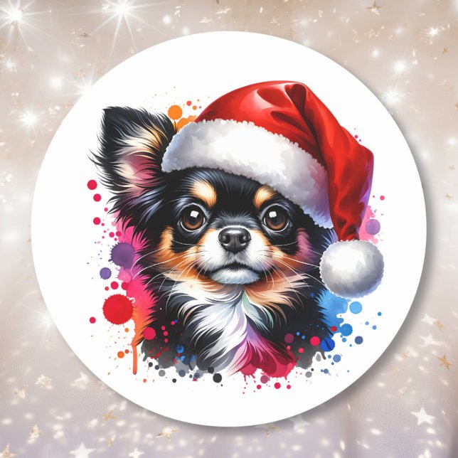 Chihuahua Dog in Santa Hat Christmas   Classic Round Sticker (Creator Uploaded)