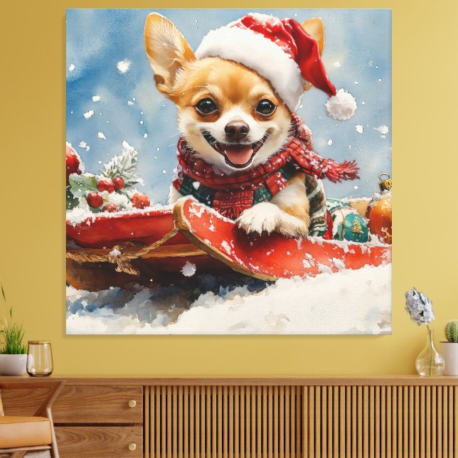 Chihuahua Dog in Sledge Let it Snow Christmas Canvas Print (Insitu(LivingRoom))