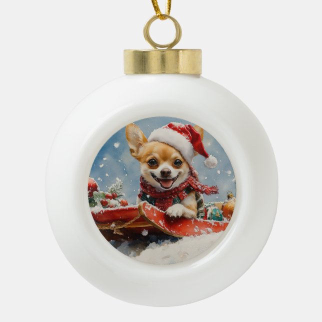 Chihuahua Dog in Sledge Let it Snow Christmas Ceramic Ball Christmas Ornament (Front)