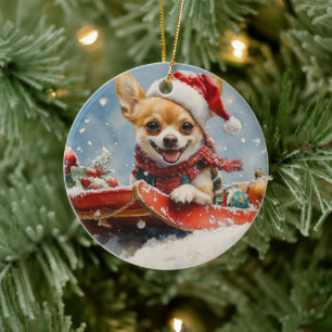 Chihuahua Dog in Sledge Let it Snow Christmas Ceramic Tree Decoration