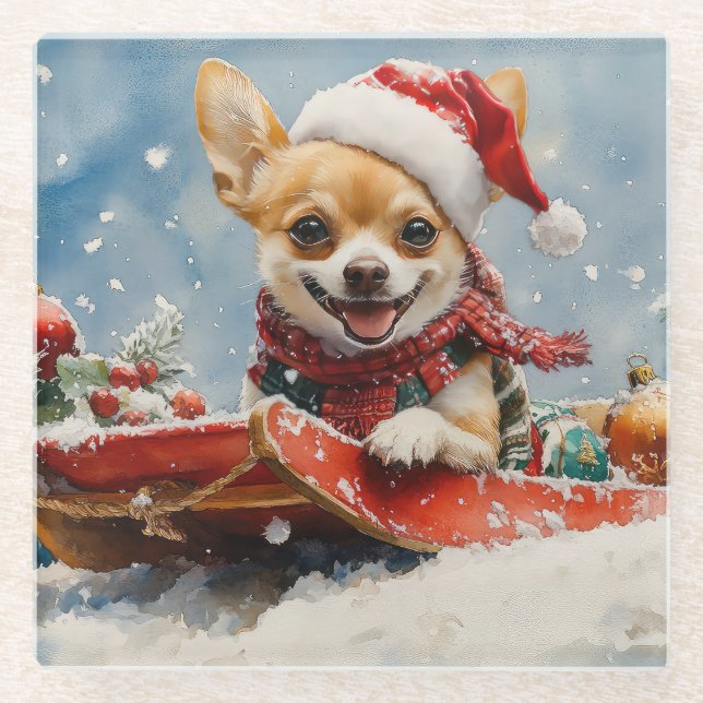 Chihuahua Dog in Sledge Let it Snow Christmas Glass Coaster (Front)