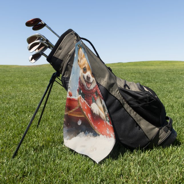 Chihuahua Dog in Sledge Let it Snow Christmas Golf Towel (Green)