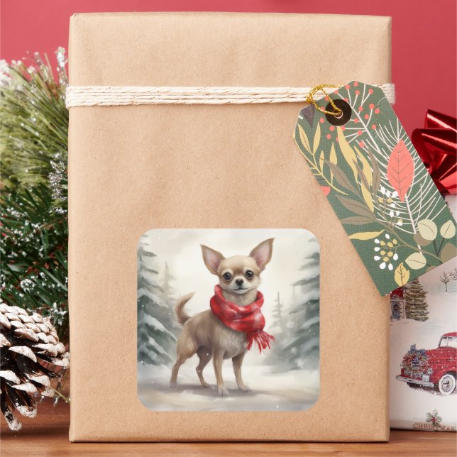 Chihuahua Dog in Snow Christmas  Square Sticker (Holiday)