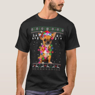 Chihuahua Dog Lights Santa Hat Christmas Ugly Swea T-Shirt