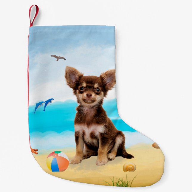 Chihuahua Dog on Beach Small Christmas Stocking (Front)