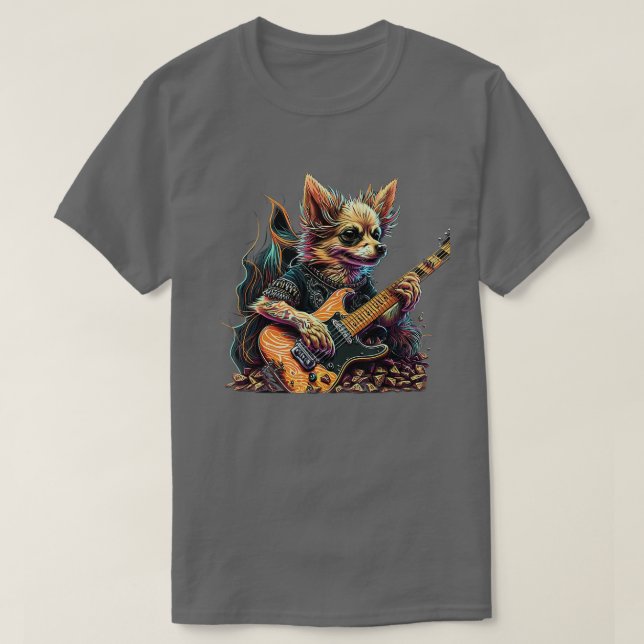 Chihuahua dog Playing Electric Guitar Rock  T-Shirt (Design Front)