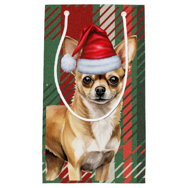 Chihuahua Dog Red Green Plaid Christmas Small Gift Bag (Front)