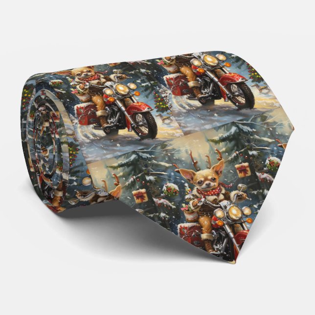 Chihuahua Dog Riding Motorcycle Christmas  Tie (Rolled)