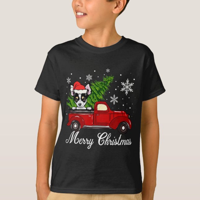 Chihuahua Dog Riding Red Truck Christmas Decoratio T-Shirt (Front)