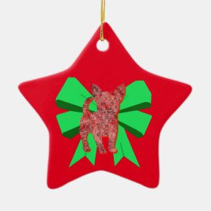 Chihuahua Dog Silhouette Red & Green Bow Christmas Ceramic Tree Decoration