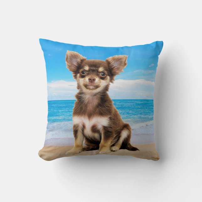 Chihuahua Dog Sitting on Tropical Beach Cushion (Front)