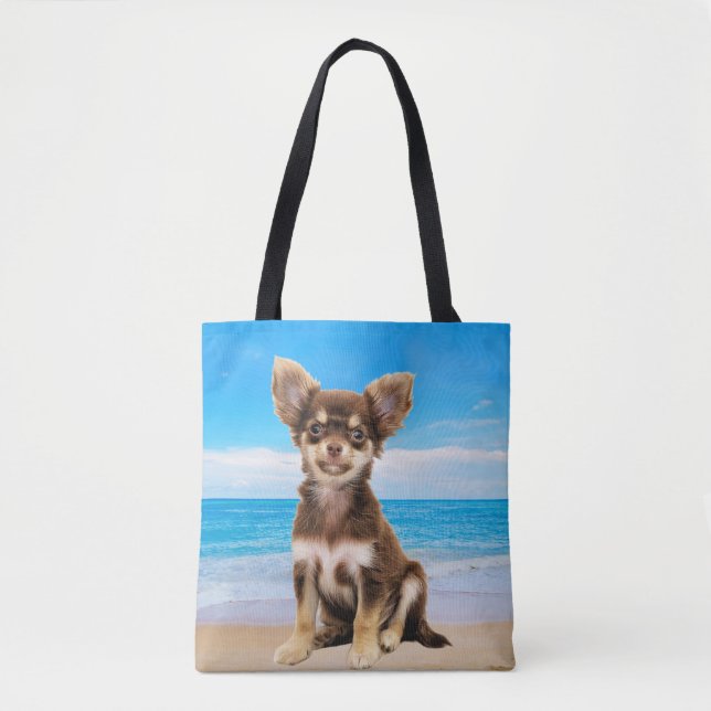 Chihuahua Dog Sitting on Tropical Beach Tote Bag (Front)