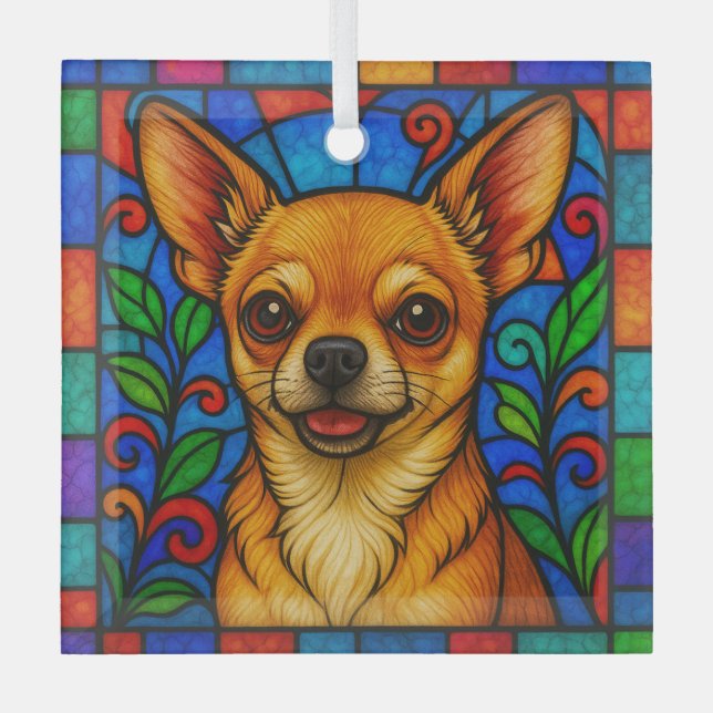 Chihuahua Dog "Stained Glass"  Glass Tree Decoration (Front)