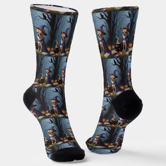 Chihuahua Dog Whimsical Halloween Painting Socks (Angled)