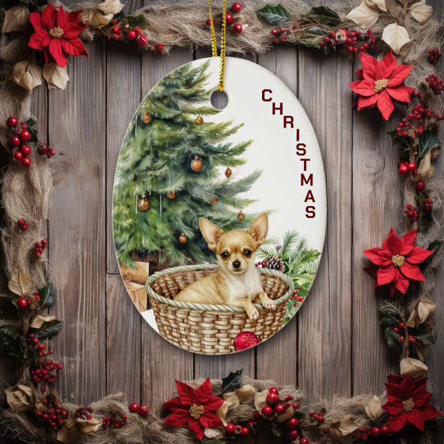 Chihuahua Dog Wicker Basket Christmas Ceramic Tree Decoration (Creator Uploaded)