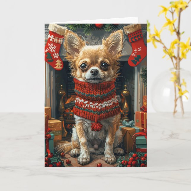 Chihuahua Dog With Christmas Gifts Fireplace Card (Yellow Flower)