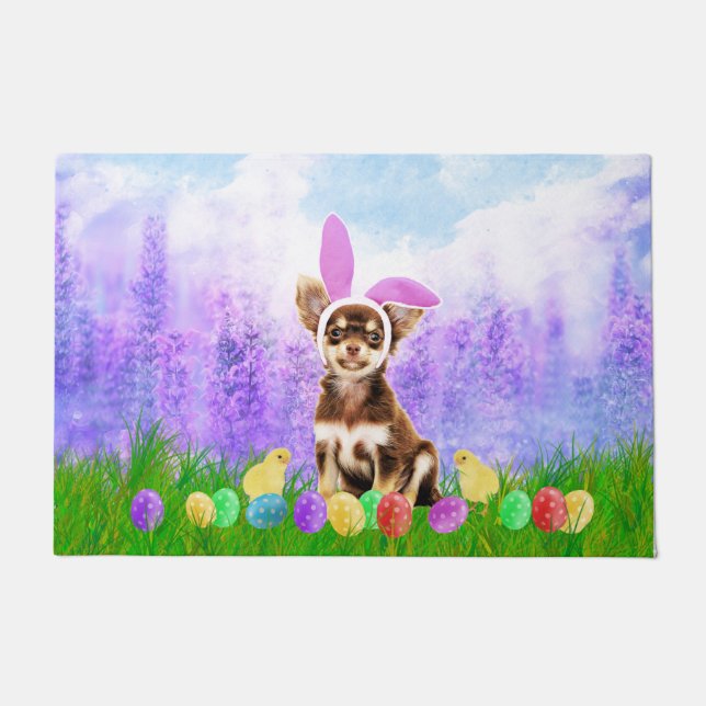 Chihuahua Dog with Easter Eggs Bunny Chicks Doormat (Front)