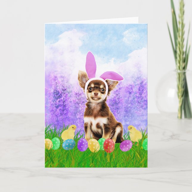 Chihuahua Dog with Easter Eggs Bunny Chicks Holiday Card (Front)