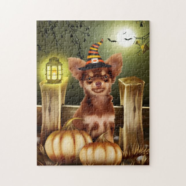Chihuahua Dog with Witch Hat Halloween Gift Idea Jigsaw Puzzle (Vertical)