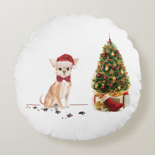 Chihuahua Funny Christmas Dog with Tree Round Cushion