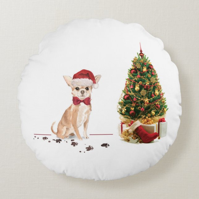 Chihuahua Funny Christmas Dog with Tree Round Cushion (Front)