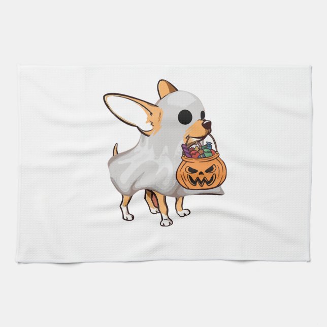 Chihuahua Ghost Pumpkin Halloween Shirt Tea Towel (Horizontal)