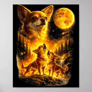 Chihuahua howling to the moon vintage funny three poster