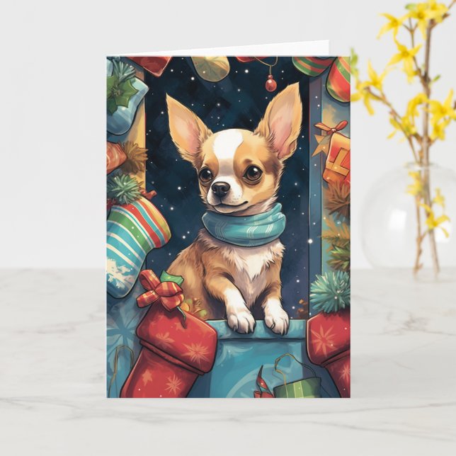 Chihuahua in a Festive Christmas Stocking Card (Yellow Flower)