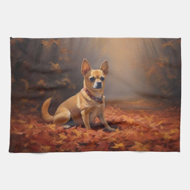 Chihuahua in Autumn Leaves Fall Inspire  Tea Towel (Horizontal)