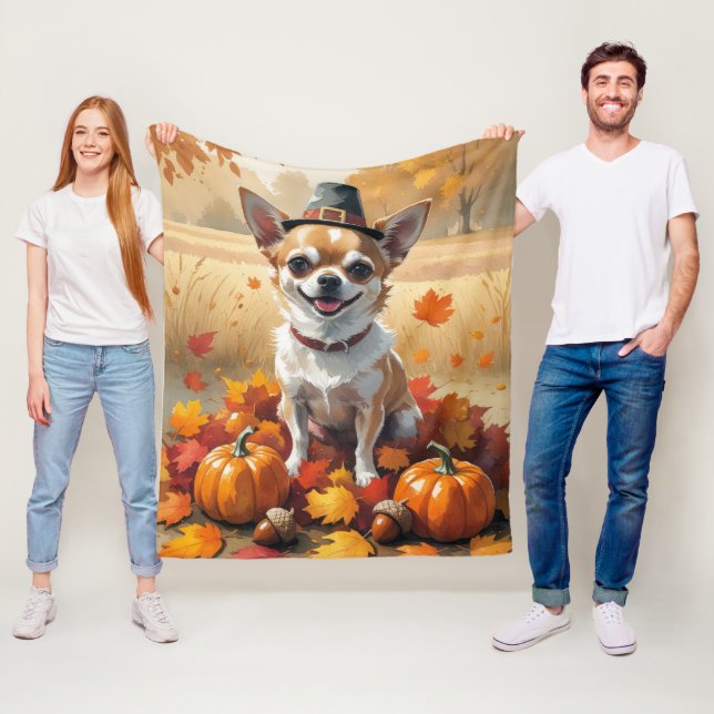Chihuahua In Autumn Leaves Thanksgiving Art Fleece Blanket (In Situ)