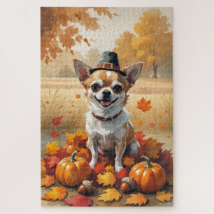 Chihuahua In Autumn Leaves Thanksgiving Art Jigsaw Puzzle