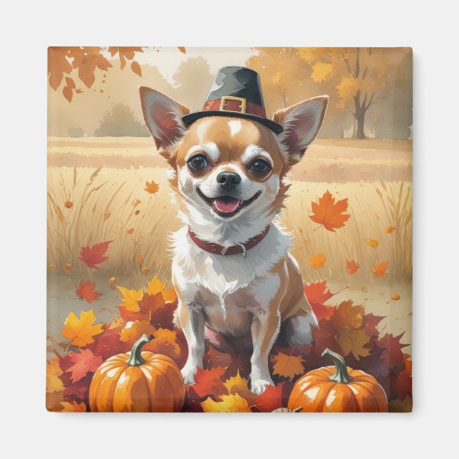 Chihuahua In Autumn Leaves Thanksgiving Art Magnet (Front)