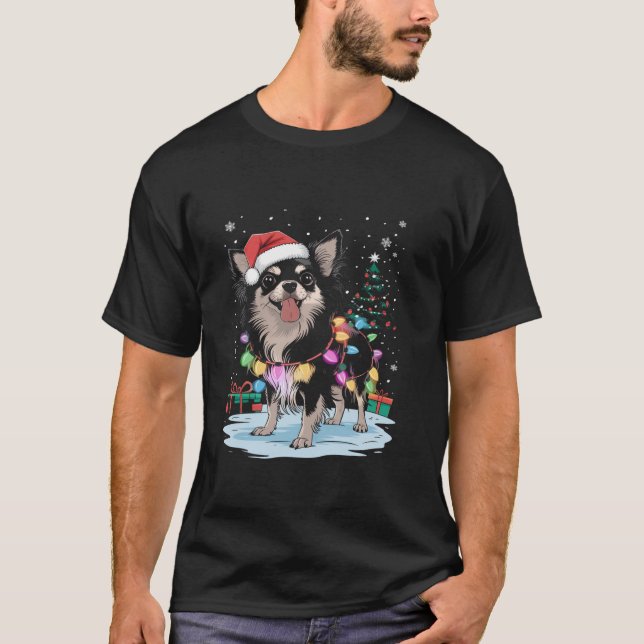 Chihuahua Long Haired Dog Christmas Light Xmas Dad T-Shirt (Front)