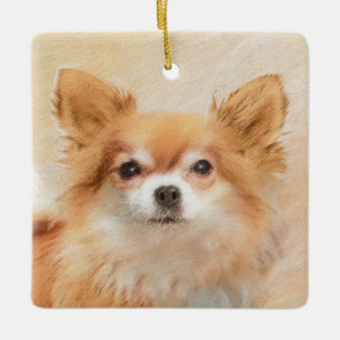 Chihuahua Long-Haired Dog Painting Original Art Ceramic Ornament