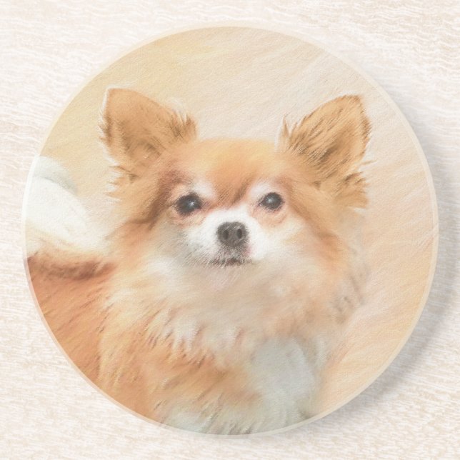 Chihuahua Long-Haired Dog Painting Original Art Coaster (Front)