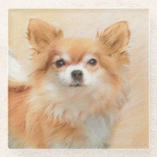 Chihuahua Long-Haired Dog Painting Original Art Glass Coaster