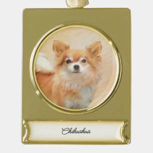 Chihuahua Long-Haired Dog Painting Original Art Gold Plated Banner Ornament
