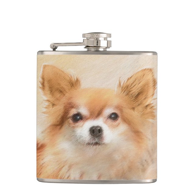 Chihuahua Long-Haired Dog Painting Original Art Hip Flask (Front)