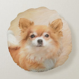 Chihuahua Long-Haired Dog Painting Original Art Round Cushion