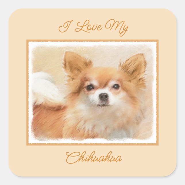 Chihuahua Long-Haired Dog Painting Original Art Square Sticker (Front)